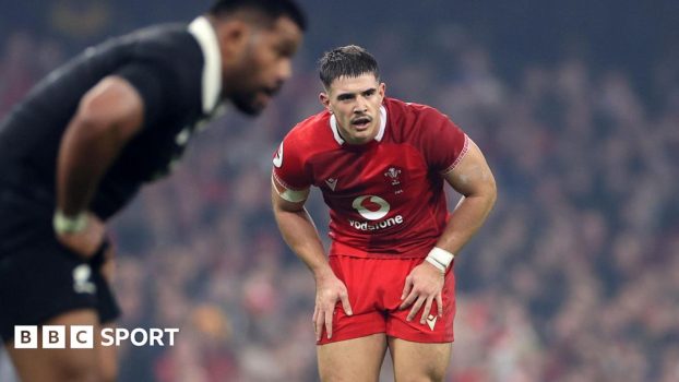 Joe Hawkins in the defensive line for Wales against New Zealand in Cardiff