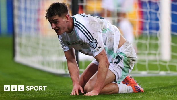 Northern Ireland's Justin Devenny crouches by the goal