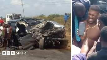 A split picture of Anthony Joshua and the crashed car in Nigeria