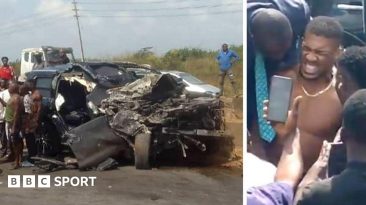A split picture of Anthony Joshua and the crashed car in Nigeria