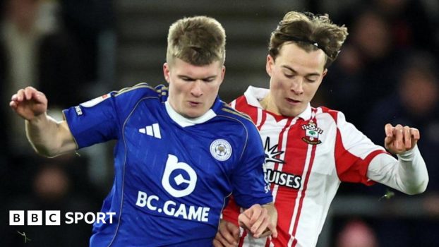 Jordan James of Leicester City (left) in action with Caspar Jander (right) of Southampton