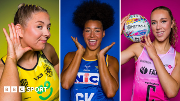 Sophie Kelly of London Pulse reaches for the ball with Jess Shaw and Celena Appleby-Prince of Loughborough Lightning during Netball Super Cup