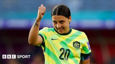 Sam Kerr celebrates scoring against the Philippines