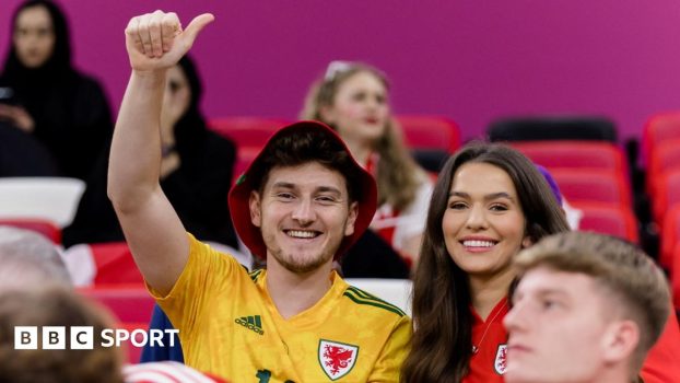 David Brooks wearing a bucket hat and a Wales shirt in the stand at Qatar 2022 raises his arm with a thumbs up
