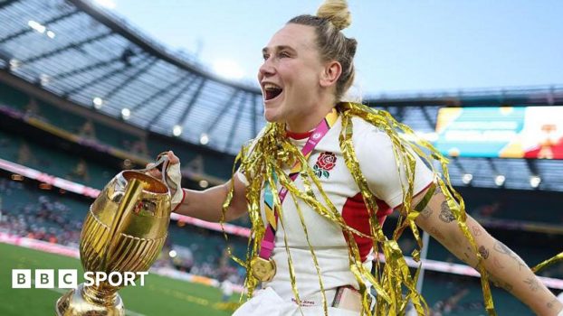 Meg Jones celebrates England's Rugby World Cup win
