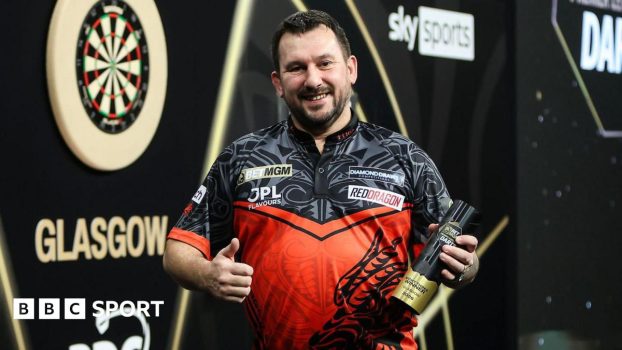 Jonny Clayton with the trophy for winning night three of the Premier League Darts