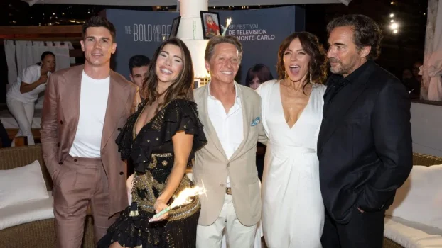 MONACO, MONACO - JUNE 19: (L to R) Tanner Novlan, Jacqueline MacInnes Wood, Producer Bradley P. Bell, Krista Allen and Thorsten Kaye attend The 35th Anniversary Of "The Bold And The Beautiful" as part of the 61st Monte Carlo TV Festival At The Grimaldi Forum on June 19, 2022 in Monaco, Monaco. (Photo by Monte Carlo TV Festival / PLS Pool/Getty Images)