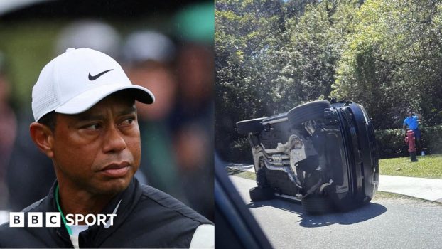 Tiger Woods' car is seen on its side and skid marks show where he crashed and lost control