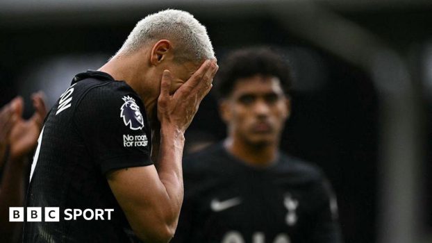 Tottenham Hotspur striker Richarlison holds his head in his hands during the 2-1 Premier League defeat against Fulham at Craven Cottage