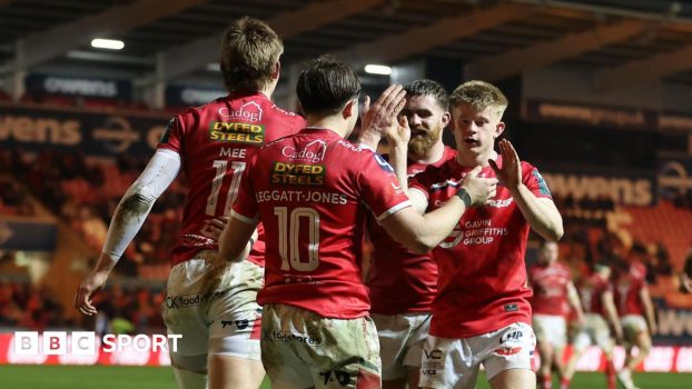 Ellis Mee celebrates scoring a try with Scarlets team mates