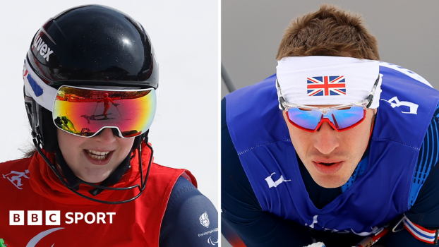 Head shots of Menna Fitzpatrick and Scott Meenagh in action at the 2022 Winter Paralympics
