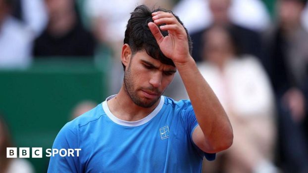 Carlos Alcaraz looking glum faced during the Monte Carlo Masters