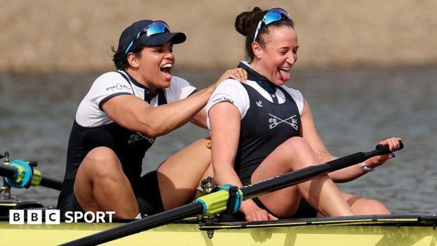 Oxford's Kyra Delray and Esther Briz Zamorano celebrate after victory in the women's Boat Race
