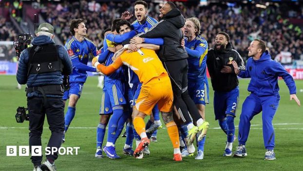 Leeds players celebrate reaching the FA Cup semi-finals
