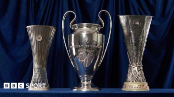 A group photo of the trophies for the Uefa Conference League, Uefa Champions League and Uefa Europa League