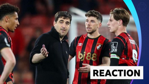 Bournemouth boss Andoni Iraola talks with three of his players