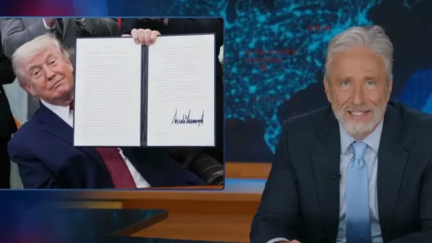Jon Stewart Jokes That Trump Is on Psychedelics at Bill Signing