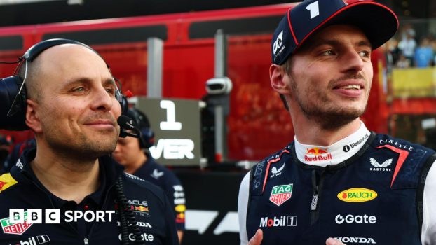 Gianpiero Lambiase and Max Verstappen, who are both smiling, pictured together at the 2025 Abu Dhabi Grand Prix