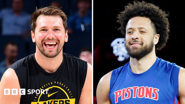 Luka Doncic smiles (left) and Cade Cunningham smiles (right)