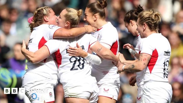 England's Marlie Packer (second left) celebrates scoring their side's ninth try of the game during the Guinness Women's Six Nations 2026 match at Scottish Gas Murrayfield Stadium, Edinburgh