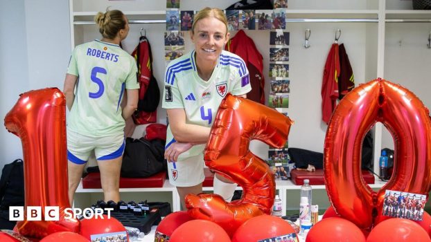 Sophie Ingle with numbered balloons spelling out 150 in the Wales dressing room in Albania