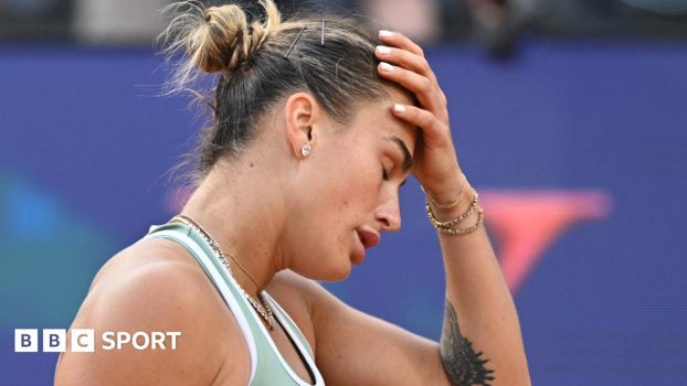 Aryna Sabalenka reacts to a missed point during her loss to Sorana Cirstea at the Italian Open