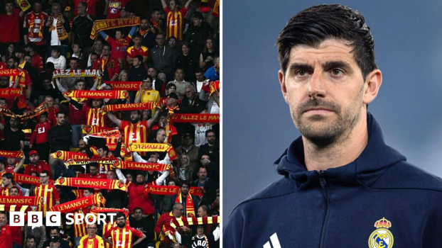 A split image showing fans of Le Mans FC alongside Real Madrid goalkeeper Thibaut Courtois