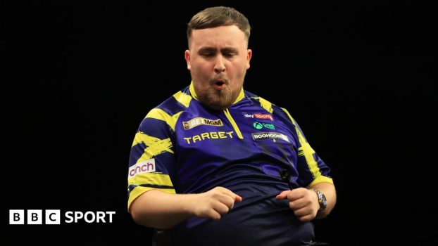 Luke Littler celebrates beating Luke Humphries on night 14 of the Premier League Darts in Leeds