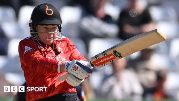 Tammy Beaumont, of The Blaze, plays a shot against Warwickshire in the Women's One-Day at Trent Bridge, Nottingham, in April 2026