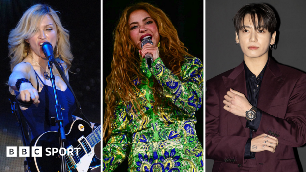 A split image of Madonna, Shakira and Jungkook of BTS